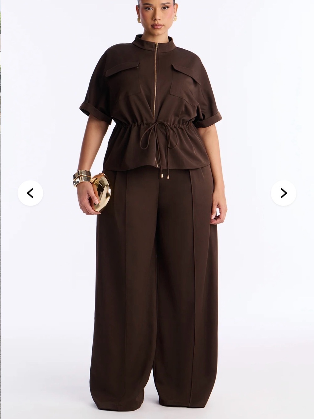 Fashion Nova Chocolate Brown Wide-Leg Pants Set - with gold embellishments